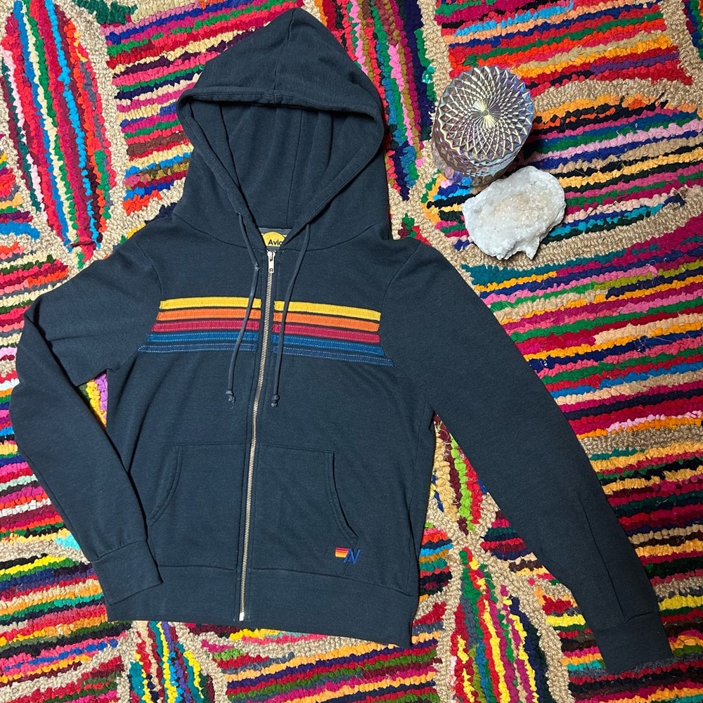 Aviator Nation 5 Stripe Charcoal Hoodie Size SMALL